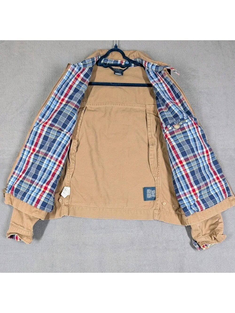 Polo Ralph Lauren Boys Youth S 10 Khaki Canvas Plaid Lined Jacket Coat Full Zip